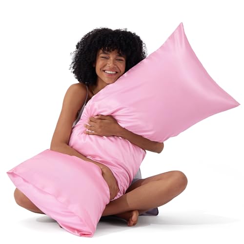 Image of Bedsure Body Pillow Cover 20x54 Inches - Pink Satin Similar to Silk Pillowcase for Hair and Skin, Cooling and Silky Long Body Pillow Pillowcase with Envelope Closure, Gifts for Women Men