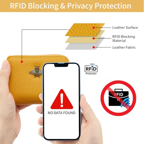 WOZEAH Leather Credit Card Holder for Women Wallet RFID Blocking Zipper Wallet Card Case Business（Yellow）2