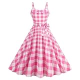 Rockabilly Kleider Damen Vintage 1950er Jahre Outfit Plaid Partykleid Festliches Festkleid Cocktailkleid Brautkleid Ballkleider Abendkleider Elegant f?r Hochzeit 60er Petticoat Kleid Rosa Kariert S