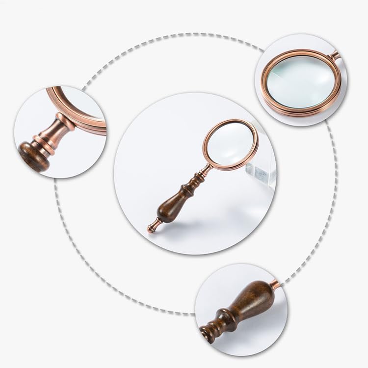 Magnifying Glass,10X Antique Copper Handheld with Wooden Handle and Real Glass,Best Reading Magnifier for Elderly,Macular Degeneration