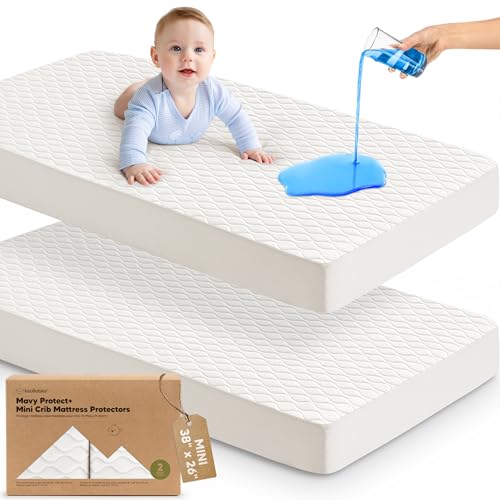 Image of 2-Pack Mini Waterproof Crib Mattress Protector - Quiet Pack and Play Mattress Pad Cover, 38 inch x 26 inch Mini Baby Crib Sheets, Soft Absorbent Quilted Cotton, Machine Washable, Easy Fit (Soft White)