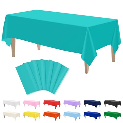 Image of Kopokita 6 Pack Teal Plastic Tablecloths Disposable 54 x 108 Inch | Turquoise Rectangle Table Cloths, Party Table Covers for Birthday, Wedding, Easter, Summer