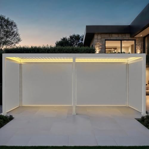 sweeek Pergola bioclimatica 3x6m elettrica in Alluminio con LED + 4 Tende 3m, Triomphe 3x6m LED + Accessori, Bianco, 591x301x250 cm