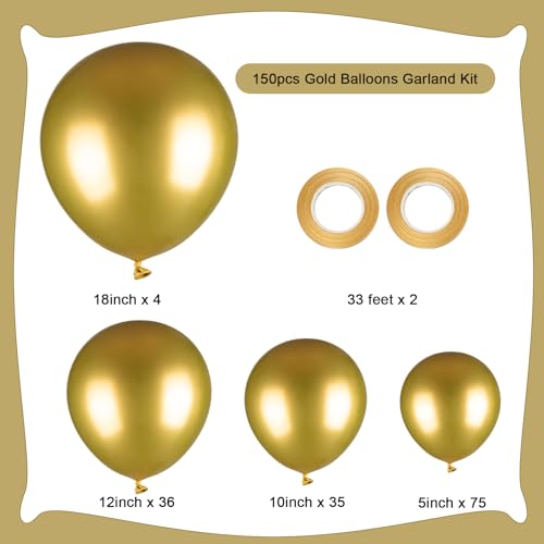 Image of 150pcs Metallic Gold Balloons Different Sizes Pack, 18 12 10 5 Inch Party Balloon Garland Arch Kit for Birthday Graduation Baby Shower Wedding Party Decorations (With 2 Ribbons)