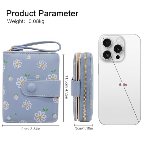 LJCZKA Cute Wallet for Women Small Flower Wallet Card Holder Girls Zipper Leather Wallet Minimalist Kawaii Short Purse (Blue)3