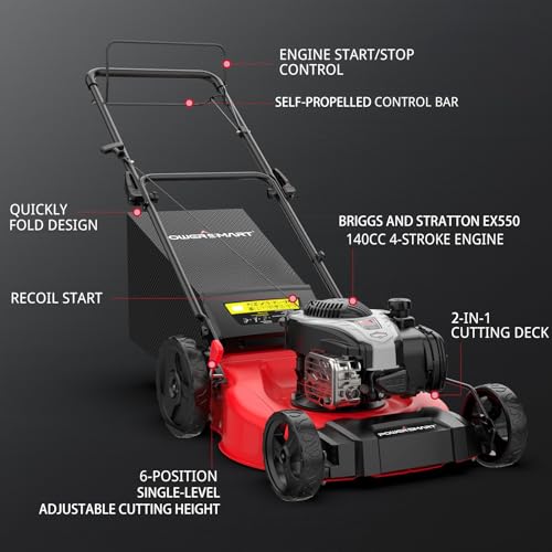 Image of PowerSmart 21-inch 140cc 2-in-1 Self Propelled Gas Lawn Mower | Briggs and Stratton E550 Engine, Mulching /Bagging, Single-Level 6 Height Adjustment