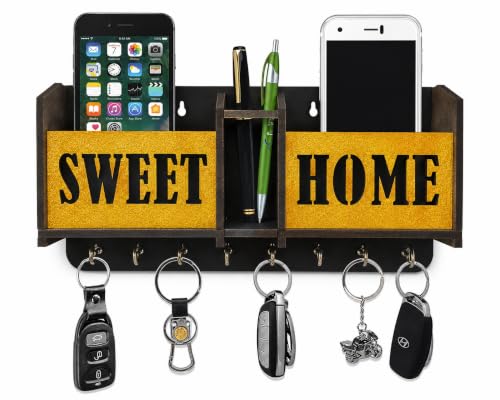 Image of Sweet Home Key Holder for Home Wall Stylish | Wooden Key Stand for Wall | MDF Key Hanger | Two Box to Charge Mobile | Pen and Keys Holder Stand for Office, Hall Living | Matte Finish