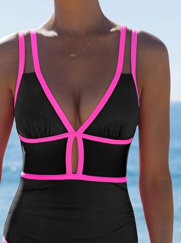 Image of popvil Women One Piece Swimsuit 2026 Tummy Control Sexy Cutout Neon Color Block Bathing Suit Slimming Adjustable Swimwear