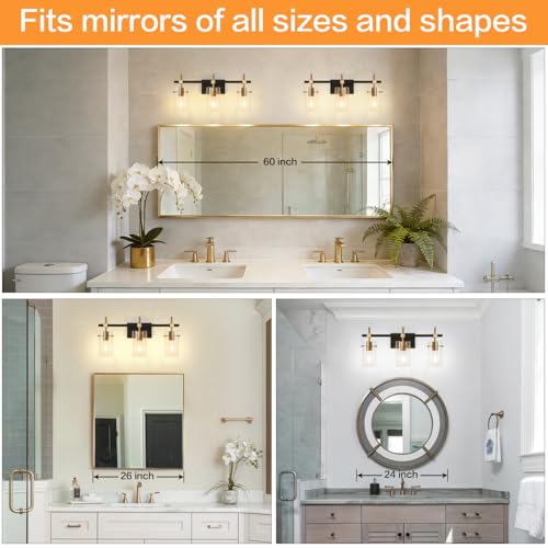 Image of SOLFART Vintage Vanity Lights Bathroom Light Fixture Over Mirror for Bath Glass Shade Light Black and Brass Modern Style 3 Lights