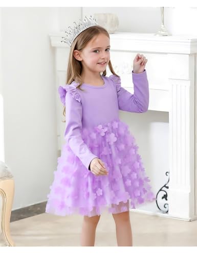 Cute Toddler Girl Princess Tulle Dress Long Sleeve Cotton Sundress Little Girls' Party Dresses,Size 2-9 Y3