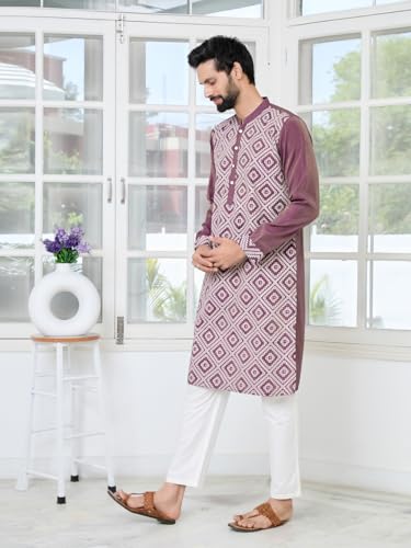 Image of See Designs Men's Full Sleeve Mandarin Collar Floral Embroidered Mandarin Collar Thread Work Straight Long Kurta - Festive Collection