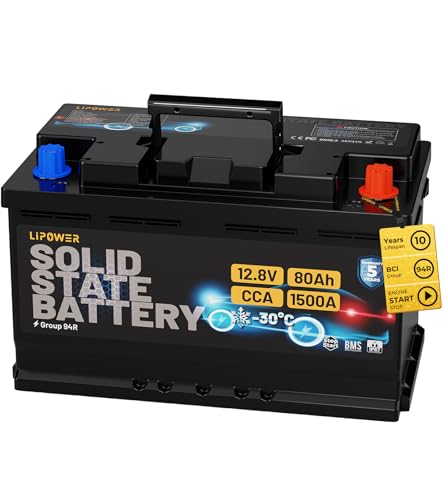 Lipower Group 94R Car Battery 1500A CCA Solid State Start Stop Car Battery -30C Start 12V 80Ah 1024Wh 180RC AGM Replacement for 10-Years Lifespan H7 L4 77L4 Automotive Battery
