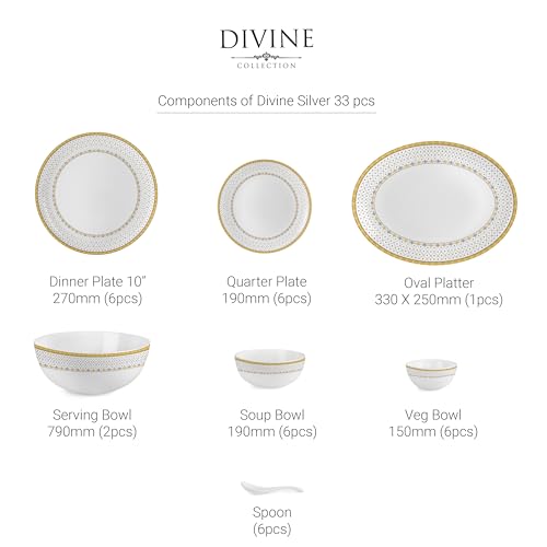 Image of Cello Opalware Divine Infinity Dinner Set, 33 Units | Microwave & Dishwasher Safe | Light-Weight & Thermal Resistant | Crockery Set for Dining & Gifting