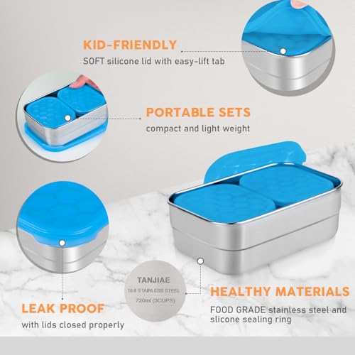 Image of Tanjiae Stainless Steel Lunch Snack Containers Set | Leak Proof 304 Stainless Steel Food Containers with Silicone Lids - Perfect Metal Lunch Box for School and Daycare (Blue Lunch, Medium)