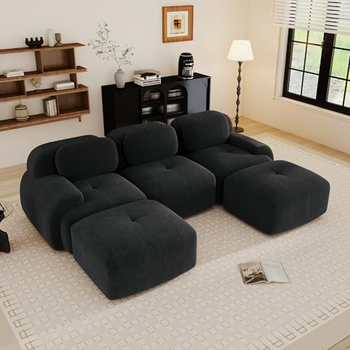 Yihomfy Canapé d'angle Modulaire Désossé, Velours côtelé Canapé 3 Places et 2 Pouf, Configuration Libre, Canapés en U de Salon, sans Montage (Noir, 3...