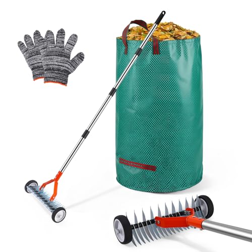 Scarificateur manuel avec roulettes, râteau de scarification avec manche de 166 cm, aérateur de pelouse avec roues, râteau de coupe en métal, amovible, râteau de...