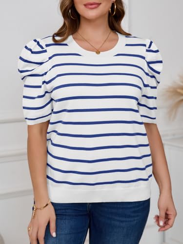 Image of Beautife Womens Plus Size Short Puff Sleeve Sweater Tops Lightweight Striped T Shirts Summer Casual Crew Neck Knit Pullover