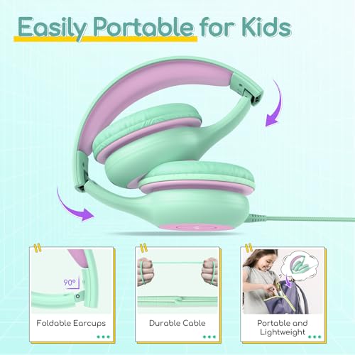 Image of EarFun Kids Headphones with Mic for Boys /Girls, Over Ear HD Wired Headphones for Children, 85 /94dB Volume Limiter, Sharing Port, Foldable On Ear Headsets for School /Pad /PC /Travel (Green&Violet)