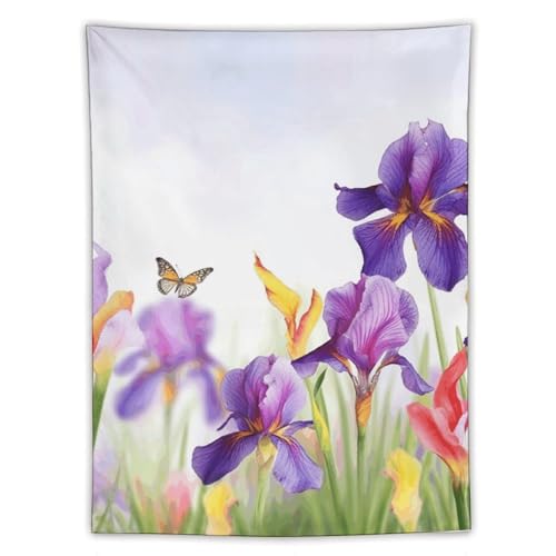 Fleur d'iris et papillon grande tapisserie en polyester avec crochets inclus