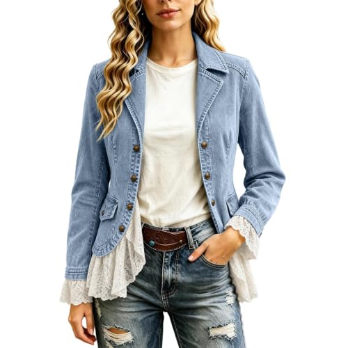 YMADREIG Women's Lace Trim Jean Jacket Western Vintage Button Down Blazer - image 1