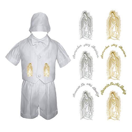 MILLTEX 4 PC Baby Boys Christening Baptism Communion Shorts Set Gold or Sliver Embroidery Mary Maria Guadalupe SM-4T (L (12-18 Months Old), Silver Mary - Spanish)