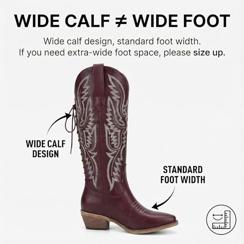 Image of Uillnoodu Wide Calf Cowboy Boots Women Adjustable Lace Up Knee High Tall Plus Size Cowgirl Boots Western Style Comfortable 2-Inch Heel