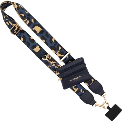Image of Save the Girls Original Clip and Go Phone Strap (Leopard Navy /Brown - Navy Pouch) - Crossbody Phone Strap Chain with Zipper Wallet Pouch - Phone Lanyard with Zippered Pouch