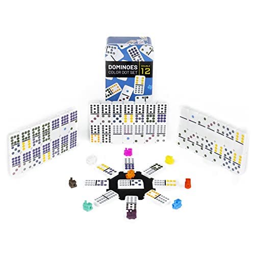 Double 12 Coloured Dominoes Mexican Train Game Set with Aluminum Case, 91 Tiles 9 Trains, Scoreboard, Octagon Shape Hub (DOT-Simple)