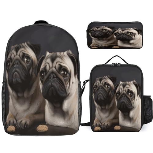Printed Backpack With Lunch Pack Storage Box Case Cute Pet Pug 3pcs Lightweight Travel Backpack