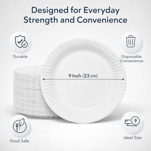 Paper Plates 100 Pack 9 Inch Disposable Plates for Party Birthday Picnic BBQ Biodegradable White Paper Plates Everyday Use Microwave Safe Recyclable Eco-Friendly (9inch 100pk) - Image 3