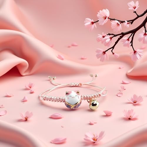 Image of Pink Lucky Cat Maneki Neko Bacelet Adjustable Ceramic Bead Girls Clothing, Shoes and Jewelry