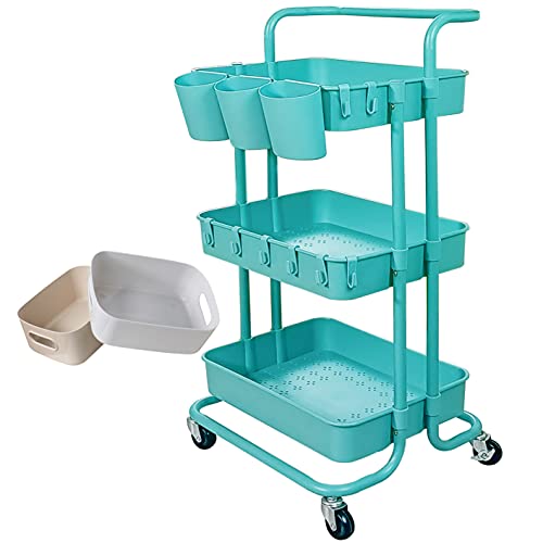 Image of Freletry 3 Tier Utility Rolling Cart Storage Organizer Shelf Rack with 3PCS Hanging Cups + 8PCS Hooks + 2PCS Storage Box for Home Office Kitchen Bathroom Storage (Blue 3 Cup+8 Hook+2 Storage Box)