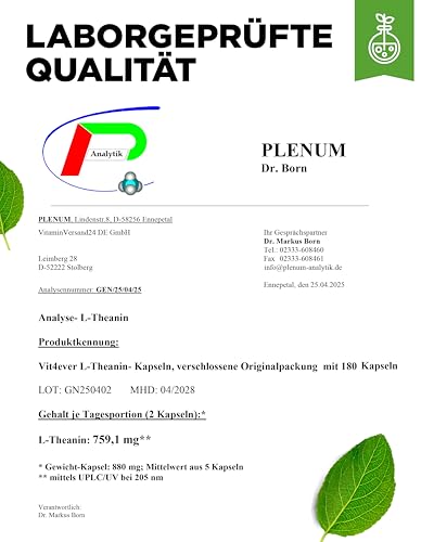L-Theanin - 180 Kapseln - 750 mg pro Tagesportion - Aus natürlichem Grüntee Extrakt - Hochdosiert - Vegan
