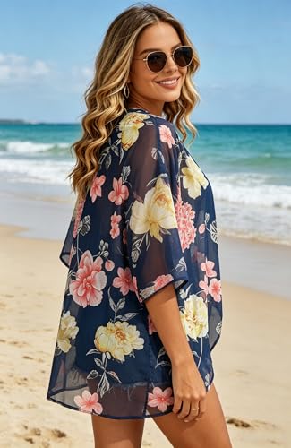 Image of FINOCEANS Womens Floral Chiffon Kimono Cardigans Loose Beach Cover Up Half Sleeve Tops