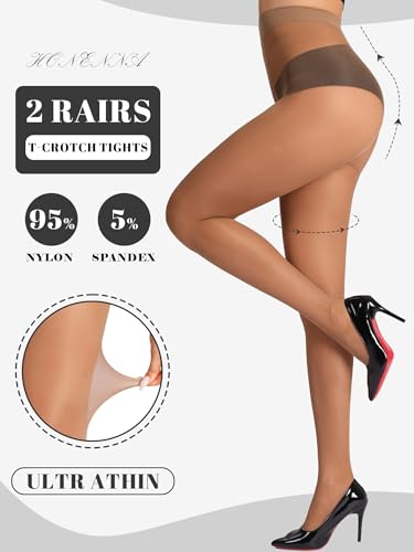Image of HONENNA Sheer Tights for Women 2 Pairs Ultra Thin Reinforced T Crotch Control Top Pantyhose Stockings