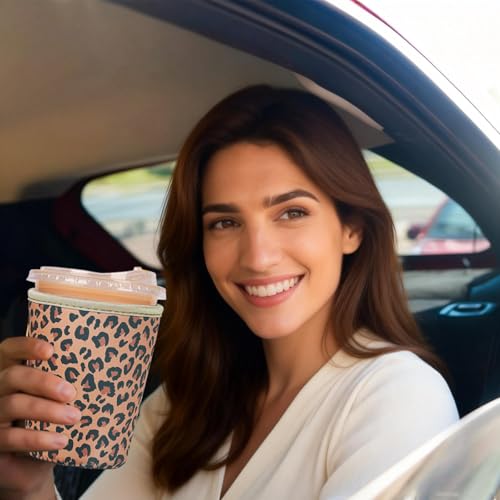 Image of Reusable Insulated Sleeve for Iced Coffee Cup, Coffee Neoprene Sleeve for Cold & Hot Drinks, Beverage Holder for Iced Coffee (Brown Leopard, Small: 16-18oz)