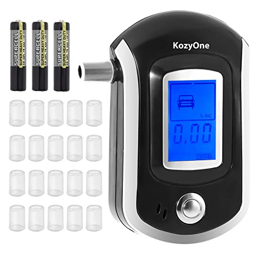 KozyOne Probador de alcohol portátil con conductor de alta precisión y pantalla LCD digital, probador de respiración, con 20 boquillas reutilizables para prueba BAC limpia, batería incluida Cover