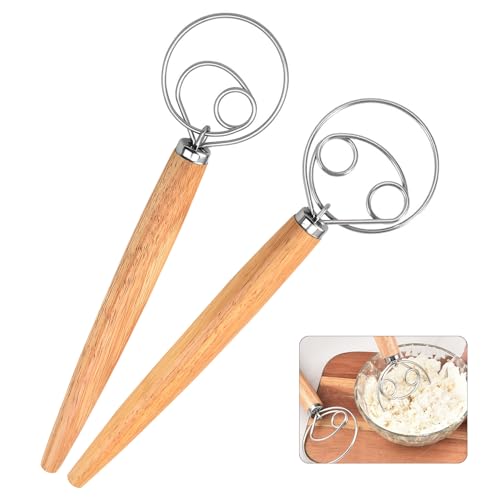Batidor Danés, 2 Piezas Batidor de Masa Danés de Acero Inoxidable para Masa, Batidor de Masa danesa Holandés Batidor de Huevo con Mango Largo para hacer pasteles de pan, postres, masa de pizza