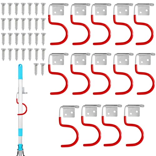 Gartengerätehalter,15 Stück Gartengerätehalter Metallhaken, Gerätehalter Rot Haken, Besenhalter Werkzeughalter, Gummierung Gartengeräte, mit 30 Stück schrauben, Gartenwerkzeug Halterung für Garagen,Or
