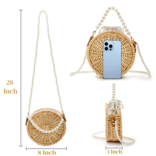 Bolso redondo de ratán trenzado con asa de perlas miniatura 4