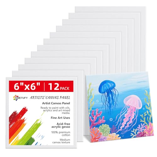 Simetufy Small Painting Canvas Panels 6x6 Inch 12 Value Pack - 8 Oz Triple Primed 100% Cotton Acid Free White Blank Flat Canvas Boards for Acrylic Oil Paints