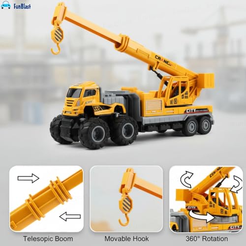 Image of FunBlast Friction Powered Crane Toy Truck - 1:43 Scaled Model Metal Engine Truck Toys, Vehicle for Kids with Rotating Boom & Hook, Engineering Toy for Boys (Multicolor)