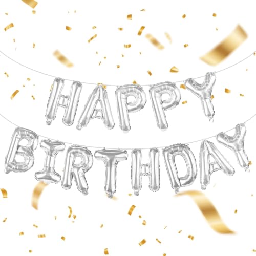 Image of Silver Happy Birthday Banner Balloons 16 Inch Mylar Foil Letters