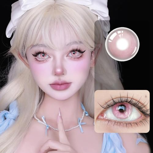 BEAUYWL Anime Kosplay Farbige Kontaktlinsen ohne Stärke mit Schwarz-Rand & hohem Wassergehalt - Jahreslinsen für Halloween Cosplay Costume Karneval Festival Party - 1 Paar (Rosa)