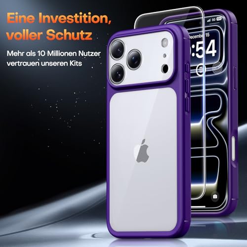 Image of TAURI for iPhone 17 Pro Max Case, with Screen Protector, Purple | Full Camera Protection, Anti-Yellowing Military-Grade Protection Shockproof Slim Phone Case for iPhone 17 ProMax