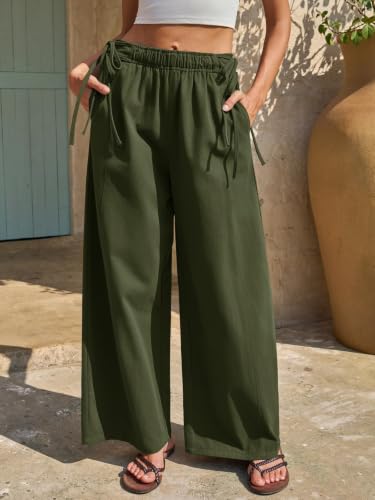 Fisoew Womens' Wide Leg Pants Casual Low Rise Loose Drawstring Elastic Waisted Cotton Fall Pants Army Green - image 3