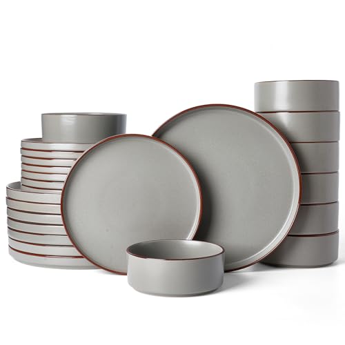 Image of Famiware Nebula Ridge Stoneware Dinnerware Sets for 8, 24 Pieces Plates and Bowls Sets, Dishes Set, Microwave and Dishwasher Safe Kitchen Plates, Dark Gray