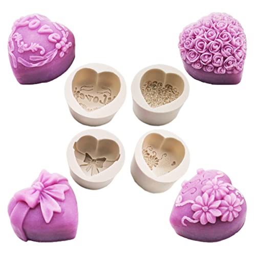 Woniu 4Pcs Heart-Shaped 3D Rose Flower Small Silicone Mold For Cake Decorations Chocolate Dessert Candy For Wedding Valentine's Day Diy Aromatherapy Beeswax Handmade Soap Making #TOP4