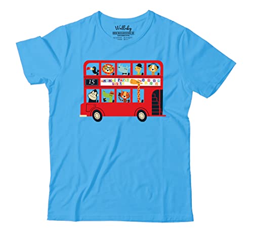 Image of Boys & Girls Cute Animals on The Red Double Decker London Bus Transport Theme 100% Cotton Unisex Kids T-Shirt