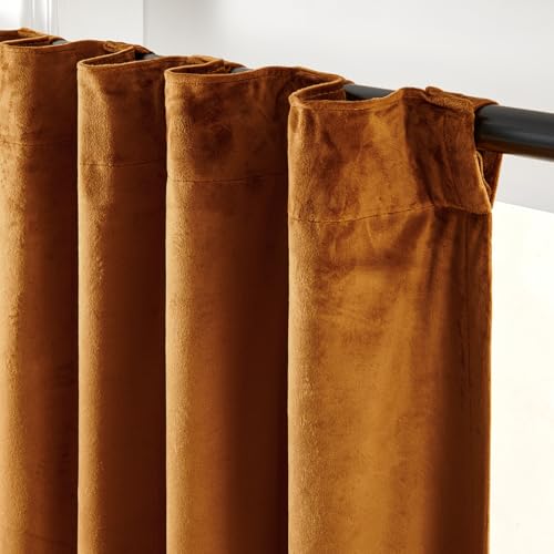 Image of Extra Long Golden Brown Curtains Back Tab 52x108 Inch 2 Panels | Blackout, Lined, Soft, For Tall Windows & High Ceilings, Light Shifting Texture, Elegant Luxury Drape, Rich, Rod Pocket